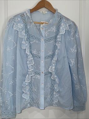 Ultra Pink Light Blue Blouse eyelet button down size large embroidered NWT